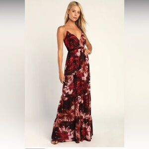 Lulus Gorgeous Blooms Burgundy red black Floral Print Tiered Maxi Dress size l